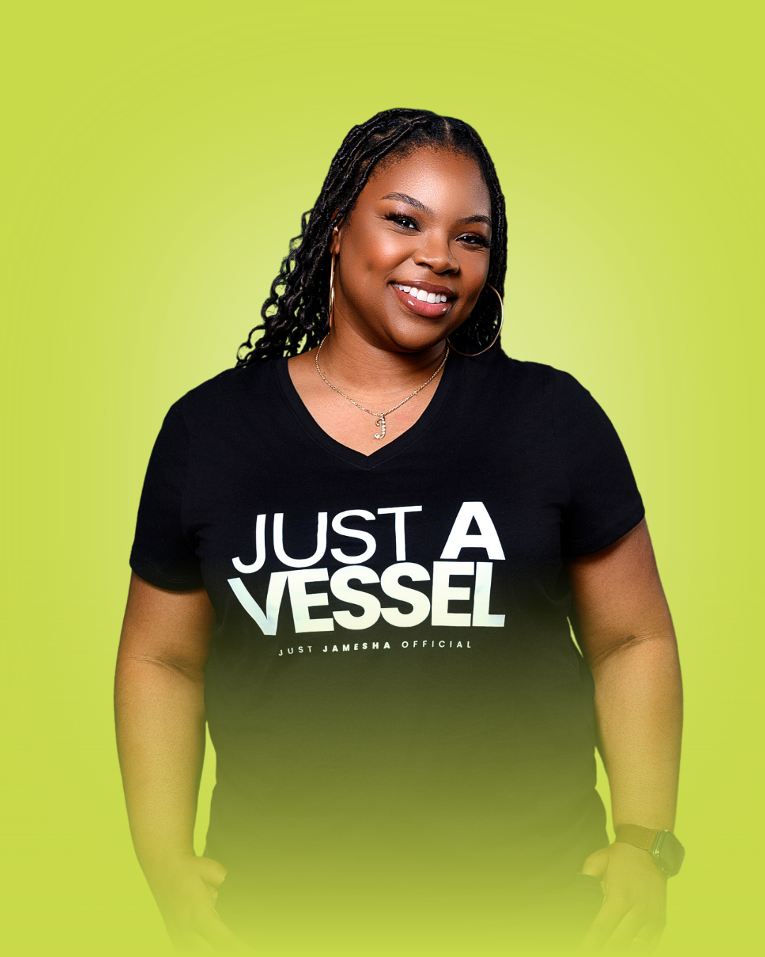 A woman smiling and wearing a black V-neck t-shirt with 'JUST A VESSEL' printed in bold white letters, set against a bright lime green gradient background.